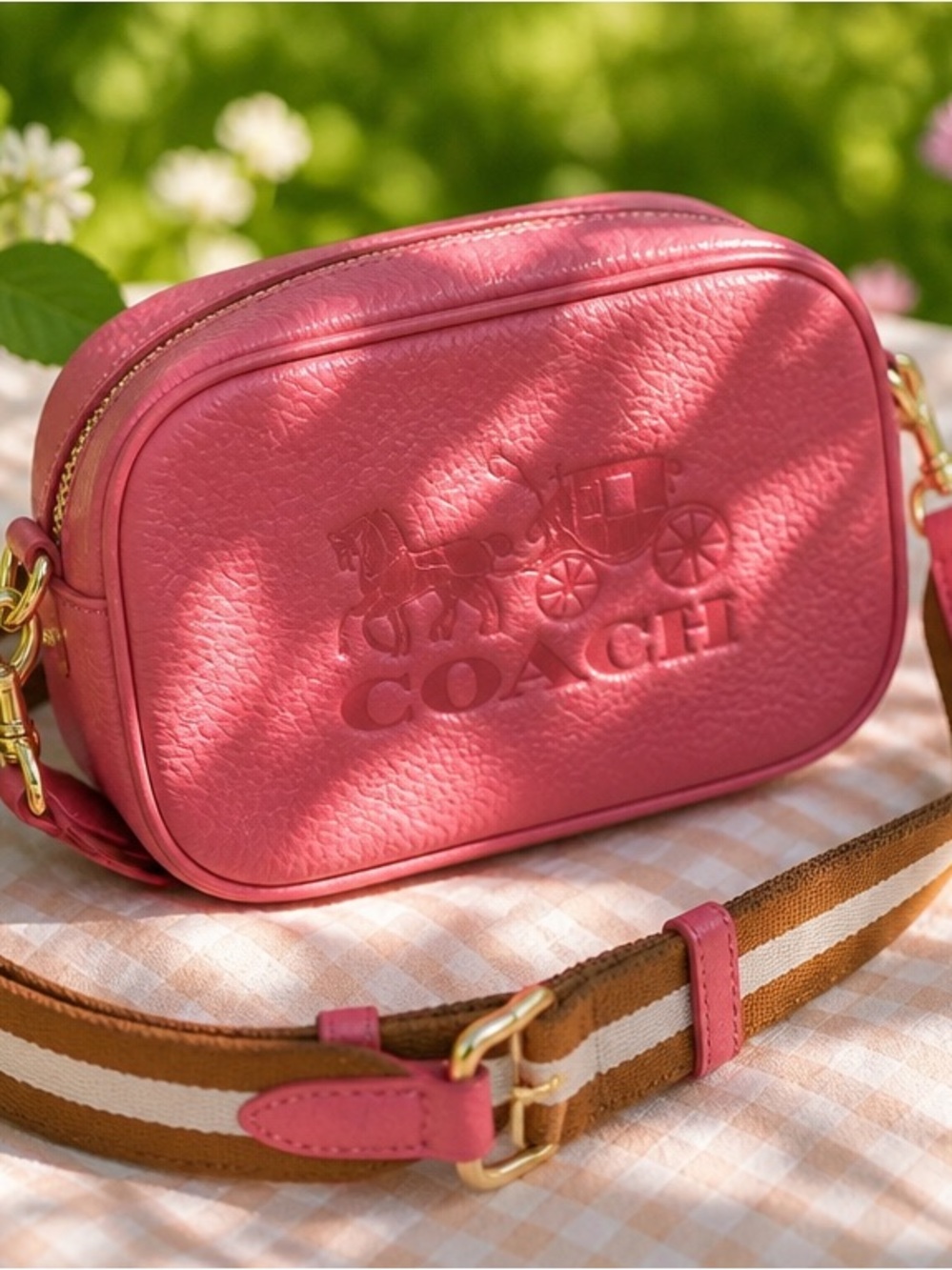 Coach Pink Pebbled Leather Convertible Crossbody Bag Belt Bag with Striped Strap
